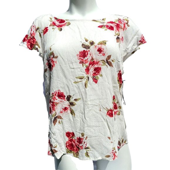 Active USA White Floral Blouse Size M Designed in Los Angeles Ruffle Flowy Artsy - Picture 2 of 9